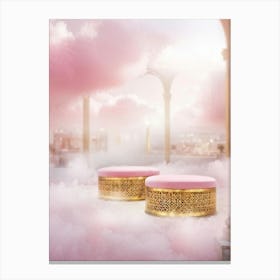 Dreamy Pink Mall Embracing Cloud Benches Adorned With Golden Accents High Key Lighting Emphasizing Canvas Print