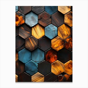 Hexagonal wooden tiles in a rich color palette, featuring deep browns, vibrant oranges, and cool blues. Canvas Print