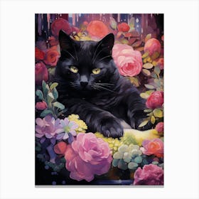 Black Cat In Flowers Canvas Print