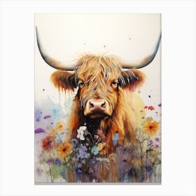 Colourful Highland Cow In The Wildflower Field  3 Canvas Print