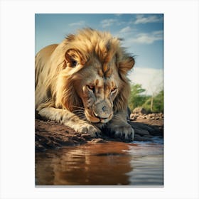 African Lion Drinking Water Realism 5 Canvas Print