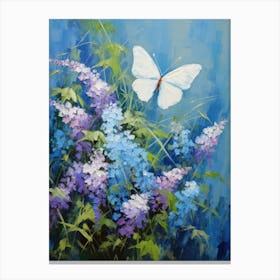 White Butterfly On Purple Flowers Canvas Print