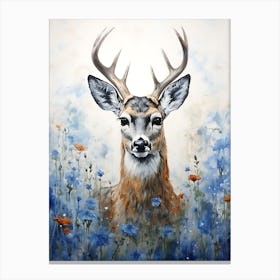 Deer In Blue Flowers Canvas Print