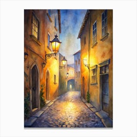 A Cobblestone Alleyway With Lanterns Hanging Betw (1) Canvas Print