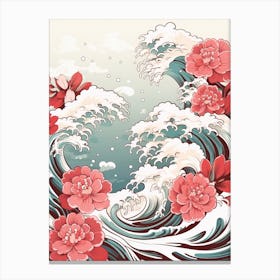 Great Wave With Rose Flower Drawing In The Style Of Ukiyo E 2 Canvas Print