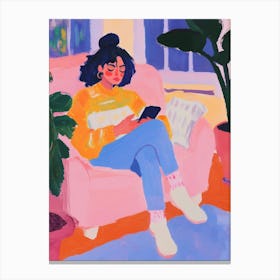 Girl with Phone Gouache Painting Canvas Print