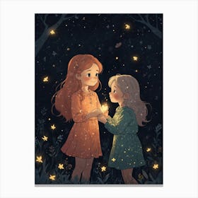 Two Little Girls Holding Fireflies Canvas Print