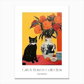 Cats & Flowers Collection Carnation Flower Vase And A Cat, A Painting In The Style Of Matisse 3 Canvas Print