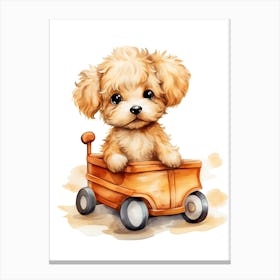 Puppy On A Toy Car, Watercolour Nursery 2 Canvas Print