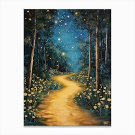 A Starry Night Forest Path Illuminated By Fireflies, With Yellow Flowers And Tall Trees 1 Canvas Print