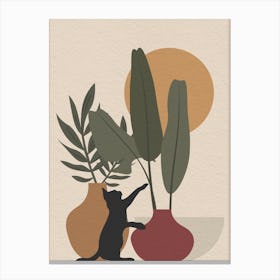 Vintage minimal art Cat And Plants 1 Canvas Print