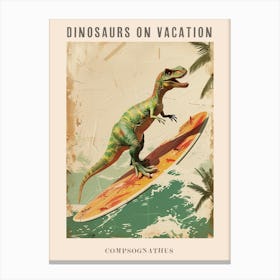 Vintage Compsognathus Dinosaur On A Surf Board 2 Poster Canvas Print