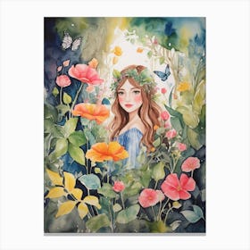 Watercolor Of A Girl With Flowers Canvas Print