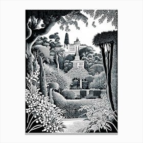 Generalife Gardens, Spain Linocut Black And White Vintage Canvas Print