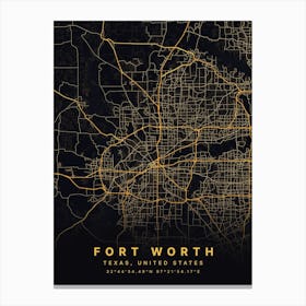 Fort Worth Texas USA Black And Gold Map Canvas Print