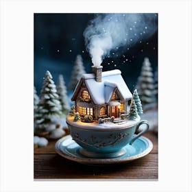 Miniature Winter Cottage Nestled Inside A Steaming Cup Delicate Smoke Whimsically Rising To Reveal (1) Canvas Print