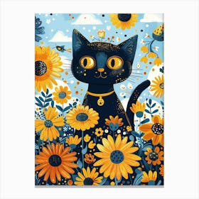 Black Cat In Sunflowers Canvas Print