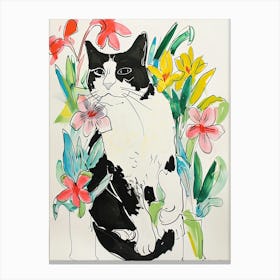 Cute Black And White Cat With Flowers Illustration 2 Canvas Print