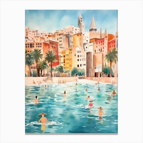 Swimming In Palma De Mallorca Spain Watercolour Canvas Print