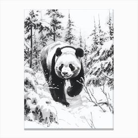 Giant Panda Walking Through A Snow Covered Forest Ink Illustration 4 Canvas Print