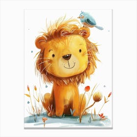 Small Joyful Lion With A Bird On Its Head 24 Canvas Print