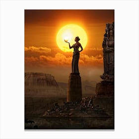 A Digital Painting Capturing The Merging Of Different Eras A Monumental Statue Of A Woman Holding T (4) Canvas Print