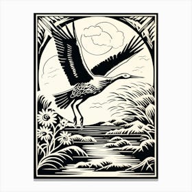 B&W Bird Linocut Stork 3 Canvas Print