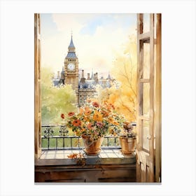 Window View Of London United Kingdom In Autumn Fall, Watercolour 4 Canvas Print