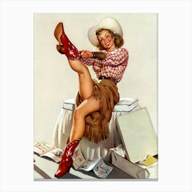 Cowgirl Trying on Boots, Vintage, Retro Western Aesthetic Canvas Print