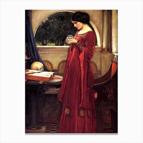 Crystal Ball by John William Waterhouse - Lady in Red Holding Crystal Ball - Gypsy Psychic Fortune Teller Witch Pagan Dreamy Mythological Oil Painting Remastered High Definition Gallery Canvas Print