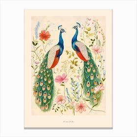 Folksy Floral Animal Drawing Peacock Poster Canvas Print