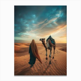 Camel And Woman In The Desert Canvas Print