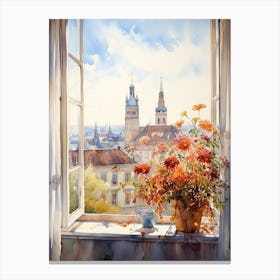 Window View Of Munich Germany In Autumn Fall, Watercolour 1 Canvas Print