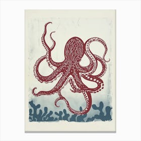 Retro Red Navy Octopus Linocut Style 9 Canvas Print