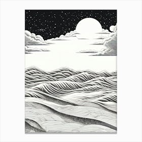 Tottori Sand Dunes In Tottori, Ukiyo E Black And White Line Art Drawing 3 Canvas Print