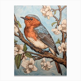 Bird On Tree Linocut Style 1 Canvas Print