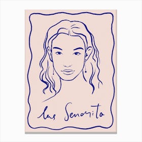 Las Senorita. Portrait of a Woman. Italian Minimalist Pink with Blue Line Canvas Print