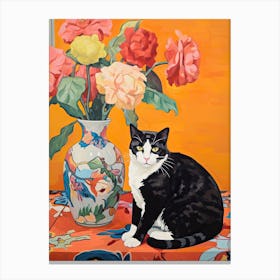 Peony Flower Vase And A Cat, A Painting In The Style Of Matisse 1 Canvas Print