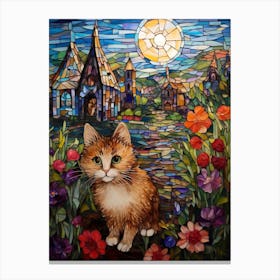 Mosaic Of A Cat In Front Of A Medieval Village Canvas Print