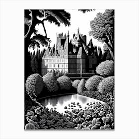 Château De Chenonceau Gardens, France Linocut Black And White Vintage Canvas Print