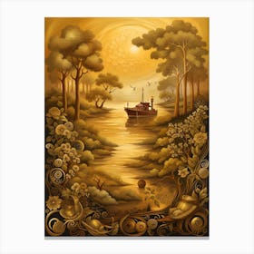 Golden Boat In The River Canvas Print