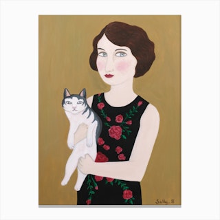 2 Woman In Rose Dress With Cat Canvas Print
