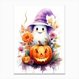 Cute Ghost With Pumpkins Halloween Watercolour 138 Canvas Print