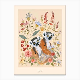 Folksy Floral Animal Drawing Lemur Poster Canvas Print