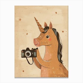 Unicorn Taking A Photo On An Analogue Camera Beige Watercolour Canvas Print