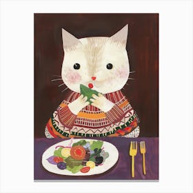 Cute White Tan Cat Eating Salad Folk Illustration 4 Canvas Print