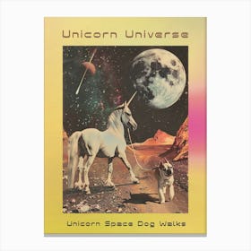 Retro Unicorn Dog Walks In Space Poster Canvas Print