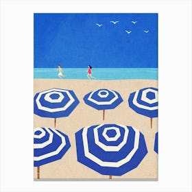 Parasols on the Beach | Beach Travel Illustration| Sea Ocean Summer Parasols | Children Playing on Vacation Canvas Print