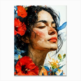 Watercolor Of A Woman With Flowers painting Canvas Print