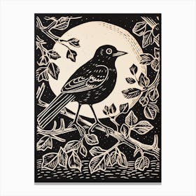 B&W Bird Linocut European Robin 3 Canvas Print